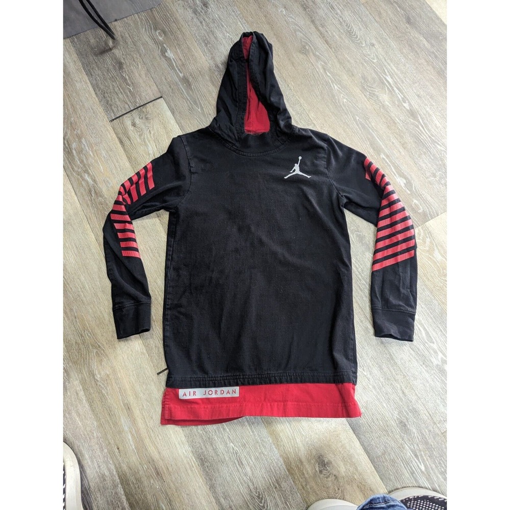 AIR JORDAN Kids Boys Long Sleeve Black Red Logo Hooded Top Shirt Sweater Size L
